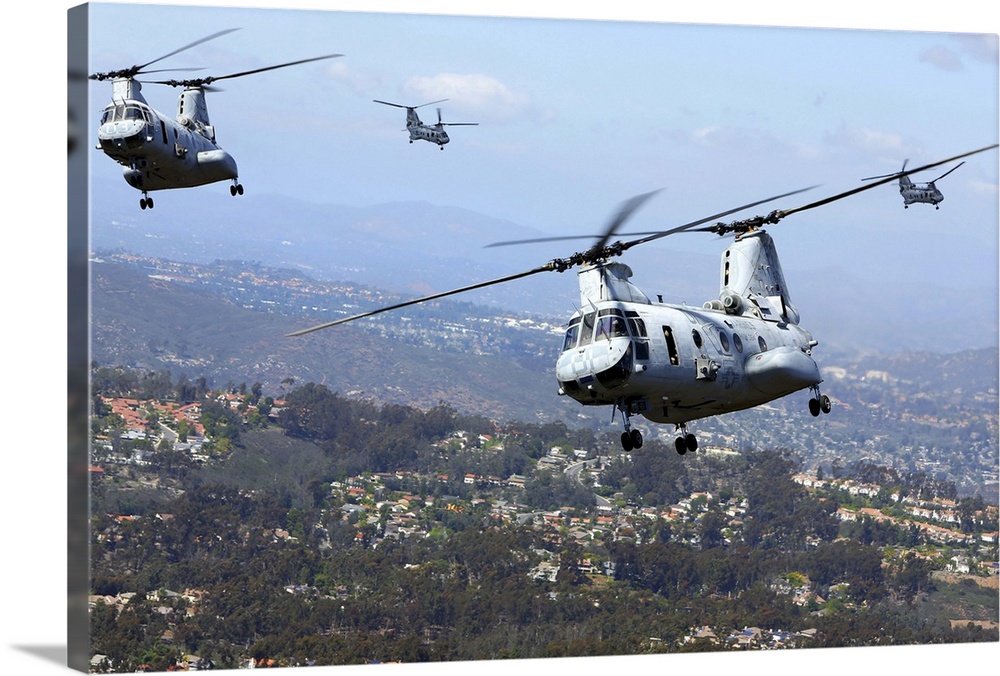 CH-46E Sea Knight helicopters fly over San Diego, California Wall Art,  Canvas Prints, Framed Prints, Wall Peels