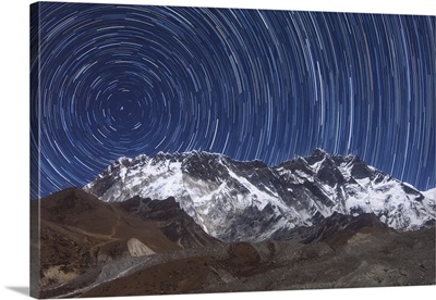 Circumpolar star trails above Lhotse mountain in Sagarmatha National Park, Nepal