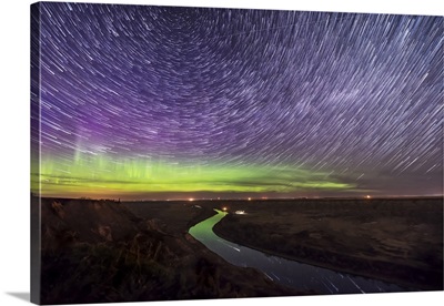 Circumpolar Star Trails And Aurora Over The Red Deer River, Alberta, Canada
