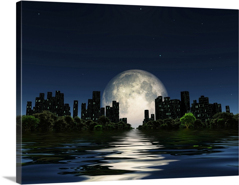City surrounded by green trees in water world with a giant moon in the sky.