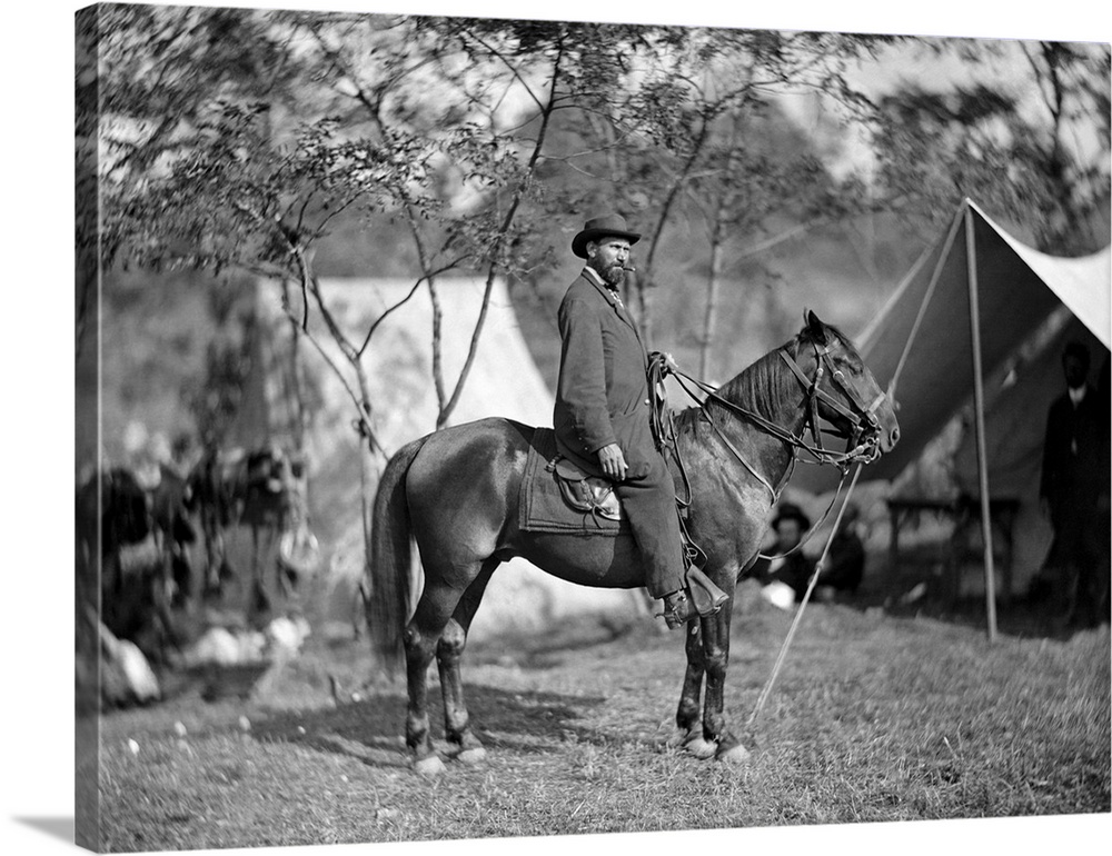 Civil War photo of Allan Pinkerton seated on a horse during teh Battle of Antietam.