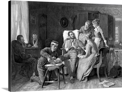 Civil War poster of a wounded Union soldier being tended to in a home