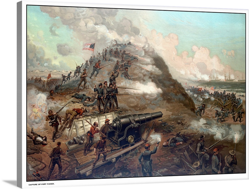 Civil War print depicting the Union Army's capture of Fort Fisher. The capture of Fort Fisher was a joint assault of Union...
