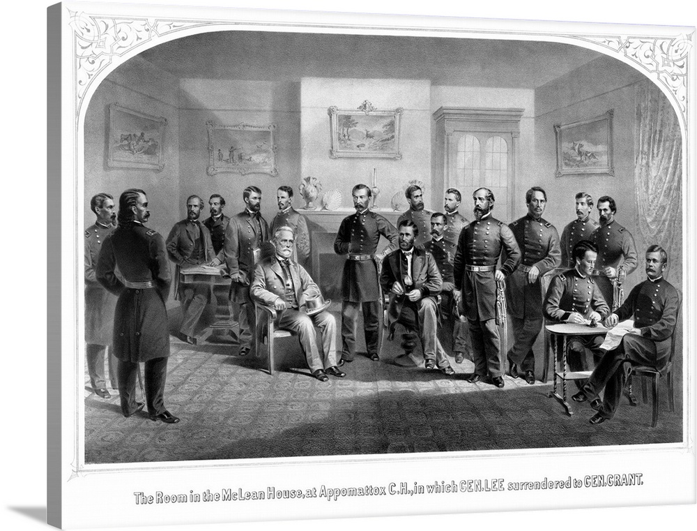 Vintage Civil War print of General Lee surrendering his Confederate forces to General Grant. It reads, The room in the McL...