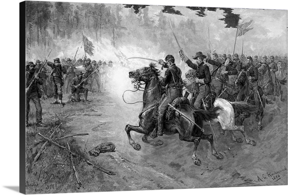 Civil War print of Union cavalry soldiers charging a Confederate firing line.