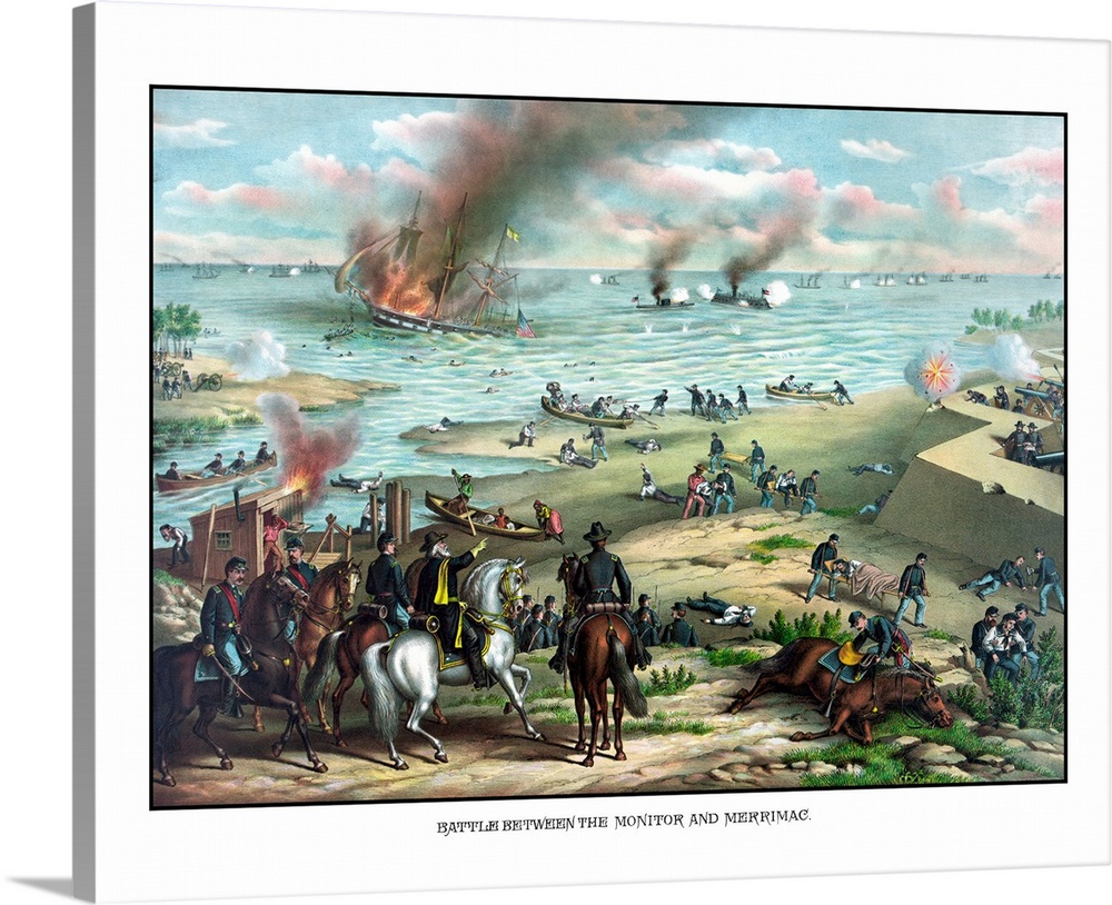 Civil War print showing the Naval Battle of the Monitor and The Merrimack, also known as the Battle of Hampton Roads.