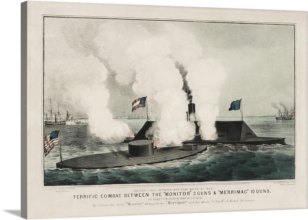 Civil war print depicts the Monitor vs. the Merrimac during the Battle of Hampton Roads in March 9th, 1862.