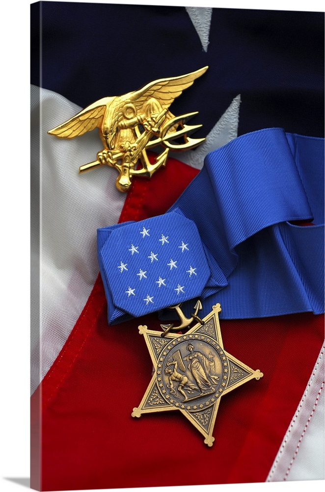 Close-up of the Medal of Honor award and American flag.