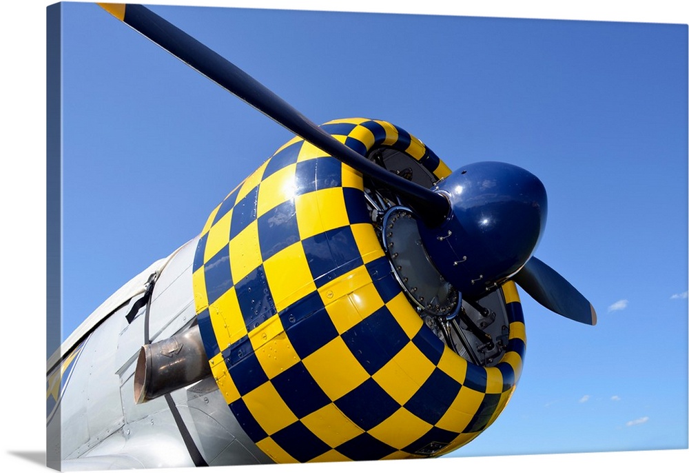 Close-up view of the propeller on an AT-6F Texan aircraft.