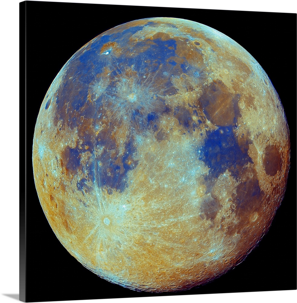 Square photo on canvas of the moon highlighted in color on a dark backdrop.