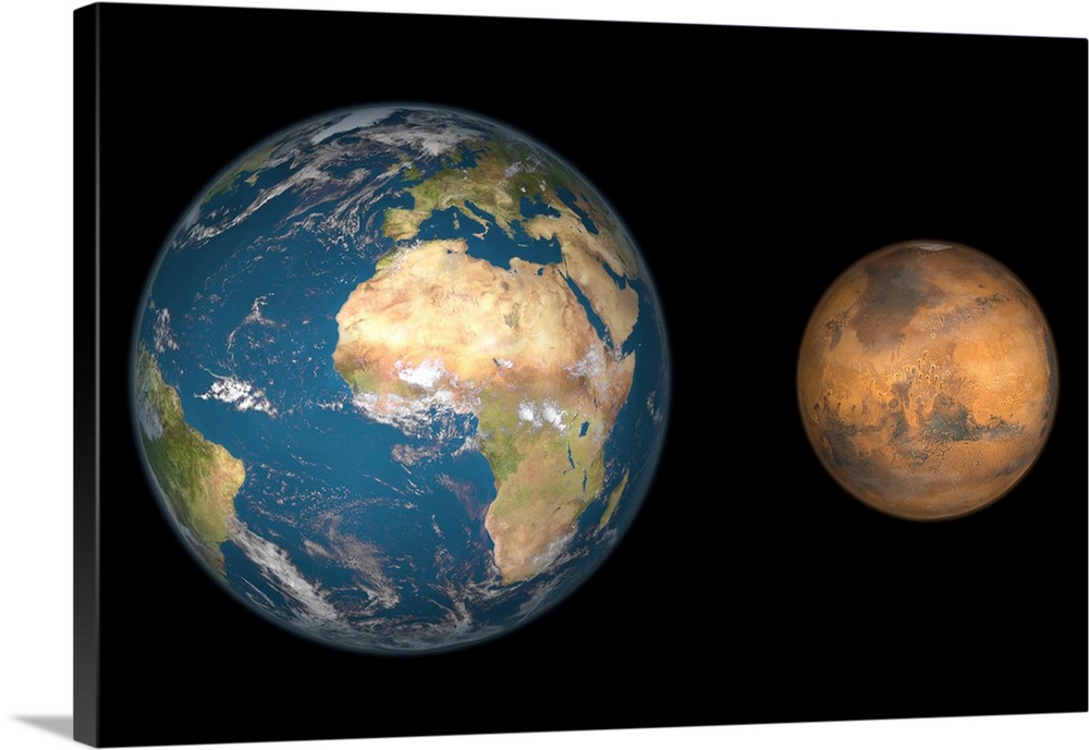 Artist's concept comparing the size of Mars with that of the Earth.