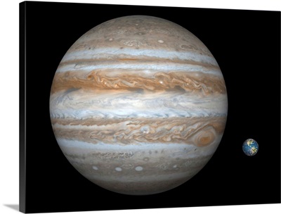 Comparing the size of the gas giant Jupiter with that of the Earth