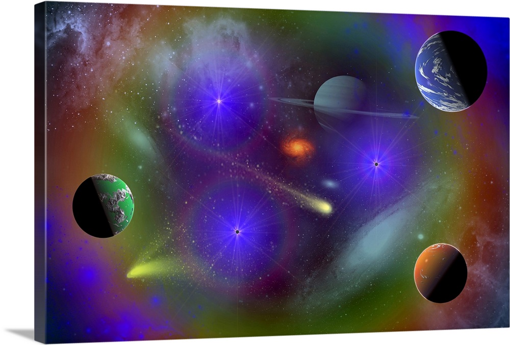 Conceptual image depicting the stars, planets and nebulae of a scene in outer space.