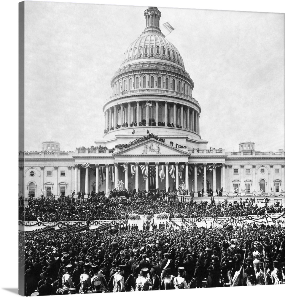 March 4, 1905 - Large crowds gathered outside the U.S. Capitol building for Theodore Roosevelt's second inauguration.