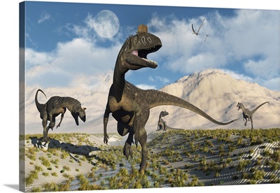 Cryolophosaurus dinosaurs roaming during the Jurassic period.