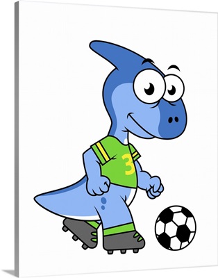 Cute illustration of a Parasaurolophus playing soccer