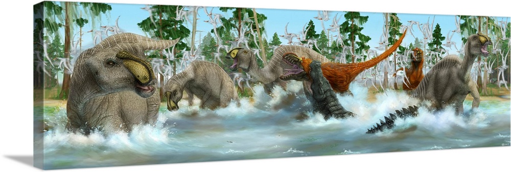 Deinosuchus and Bistahieversor attack a herd of migrating Anasazisaurus.