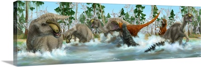 Deinosuchus And Bistahieversor Attack A Herd Of Migrating Anasazisaurus