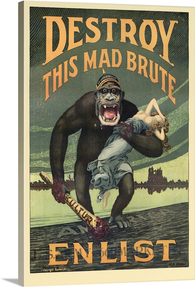Vintage World War I recruiting poster featuring a giant gorilla wearing a helmet labeled Militarism, holding a blood stain...