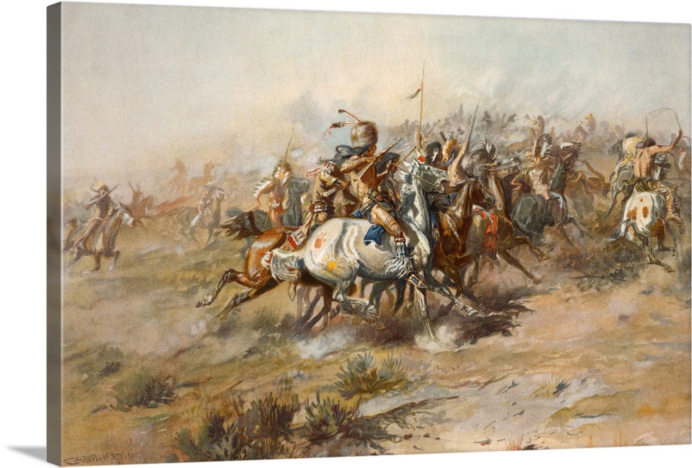 Digitally restored American history print of the Battle of Little Bighorn from the Native American perspective.
