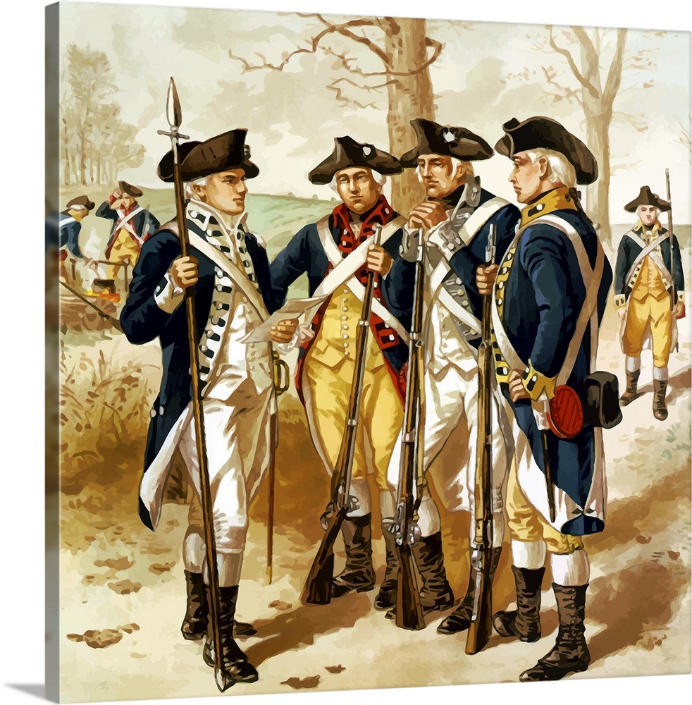 Digitally restored vector painting of soldiers of the Continental Army, also known as Minutemen, during the Revolutionary ...