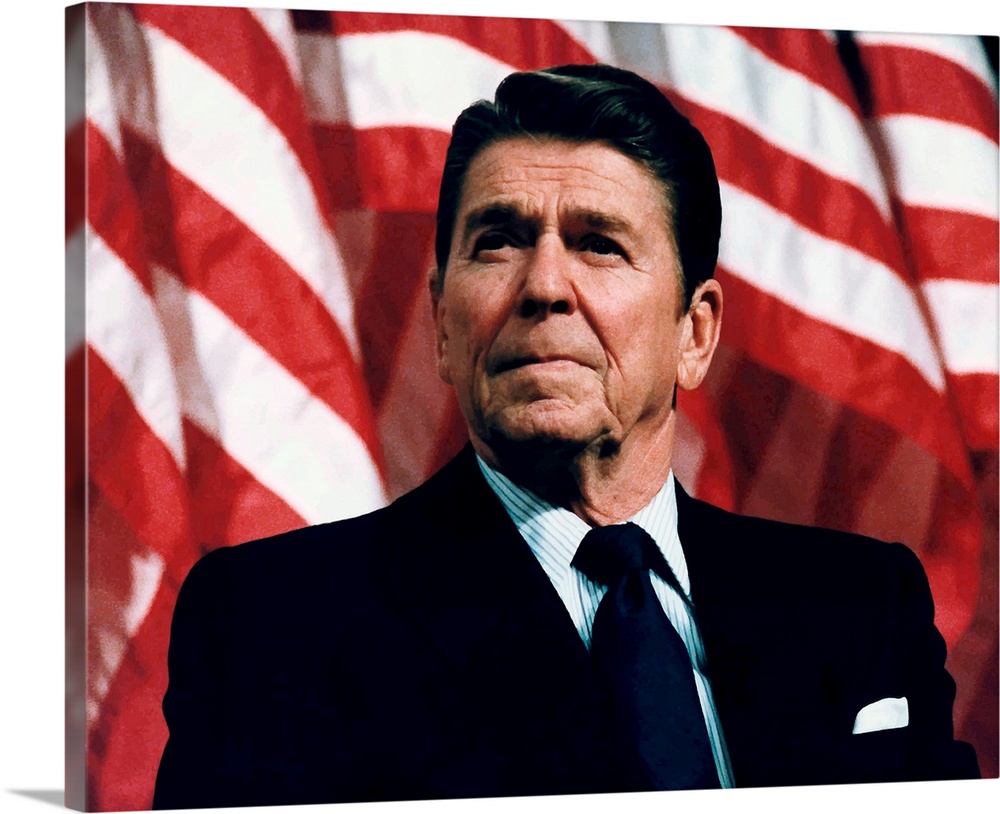 Digitally restored vector photo of President Ronald Reagan speaking in front of American Flags.
