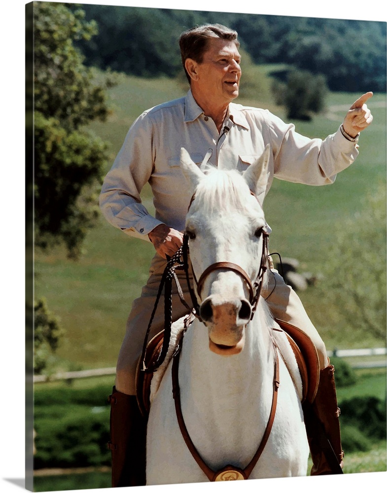 Digitally restored vector photo of President Ronald Reagan on horseback.