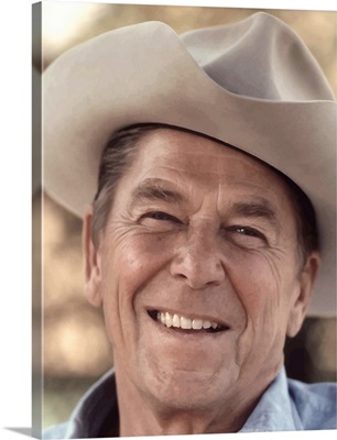 Digitally restored vector portrait of President Ronald Reagan wearing a cowboy hat
