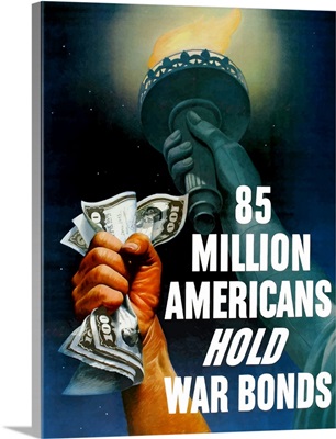 Digitally restored vector war propaganda poster. 85 million Americans hold war bonds