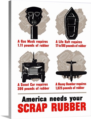 Digitally restored vector war propaganda poster. America needs your scrap rubber