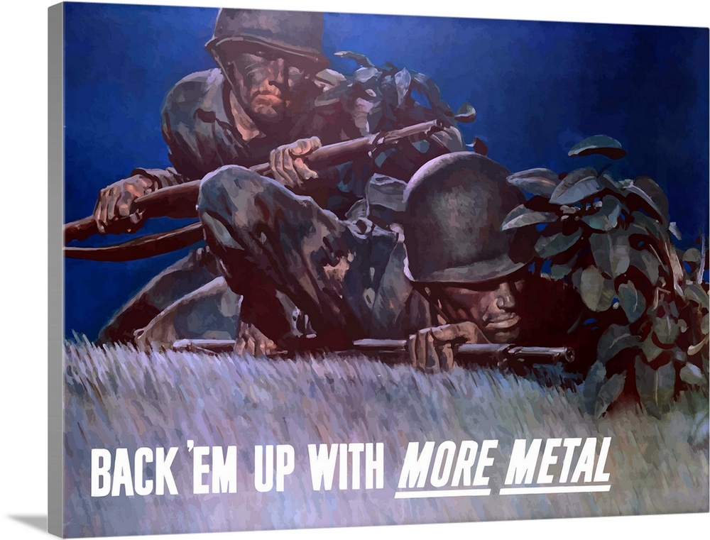 Digitally restored vector war propaganda poster. This vintage World War Two poster features two American soldiers crawling...