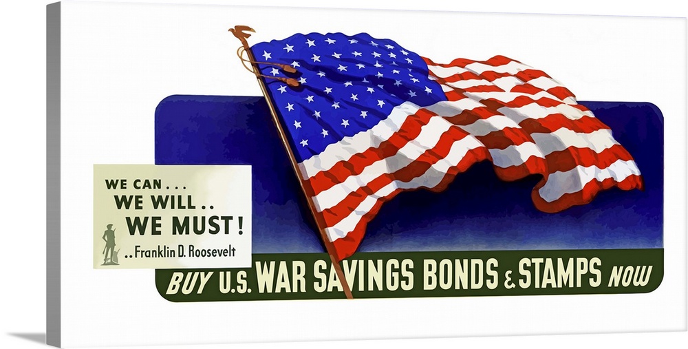Digitally restored vector war propaganda poster. This vintage World War Two poster features a waving American Flag. It dec...