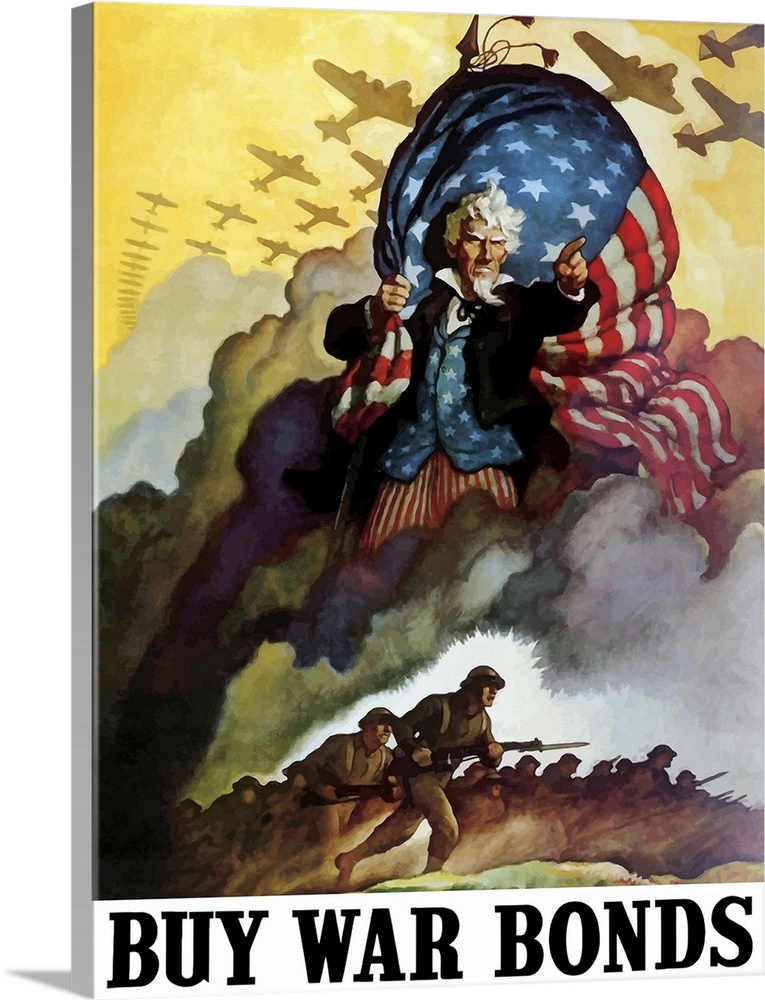 This vintage World War Two poster features Uncle Sam holding an American Flag and urging troops and bombers forward into b...
