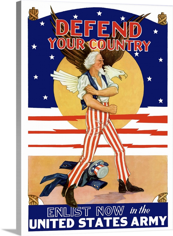 Digitally restored vector war propaganda poster. This vintage World War Two poster features a soaring eagle and Uncle Sam ...