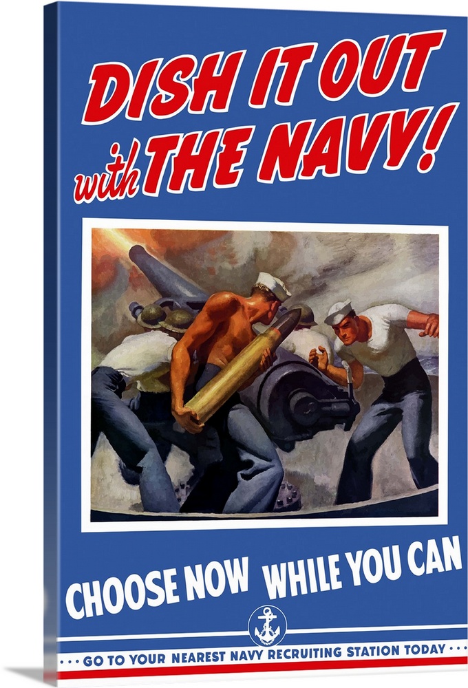 Digitally restored vector war propaganda poster. This vintage Navy World War Two poster features three American Sailors lo...