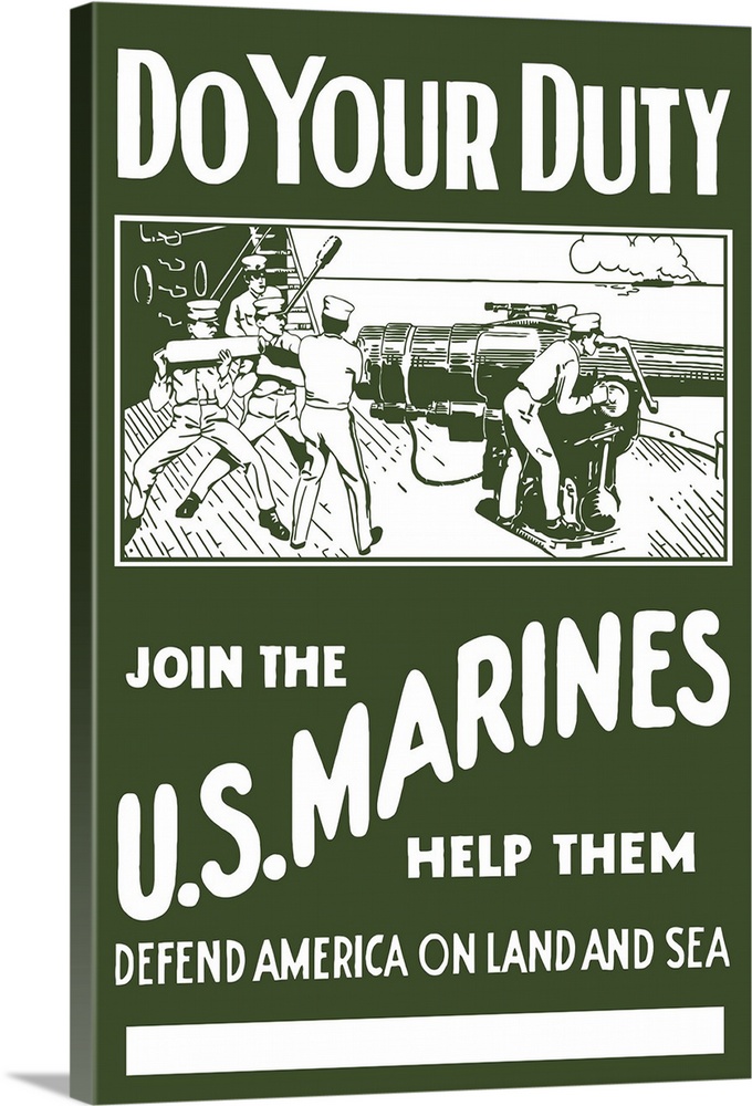 Digitally restored vector war propaganda poster. This vintage World War II poster features Marines loading a cannon aboard...