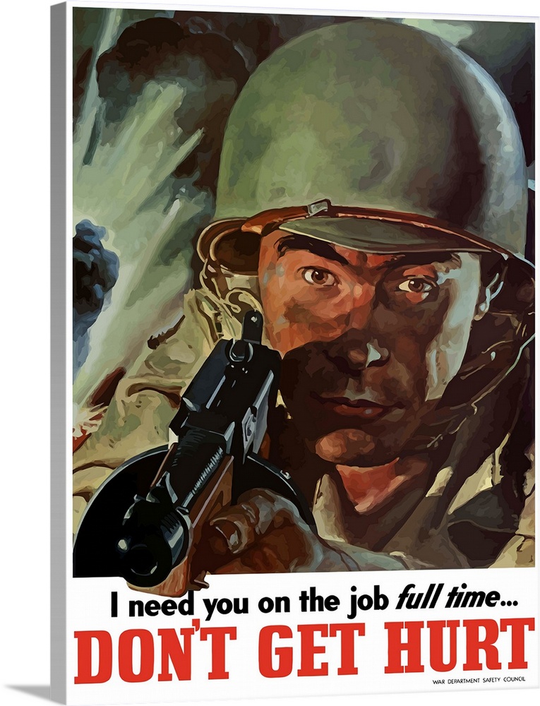 Digitally restored vector war propaganda poster. This vintage World War II poster features an American GI shouldering his ...