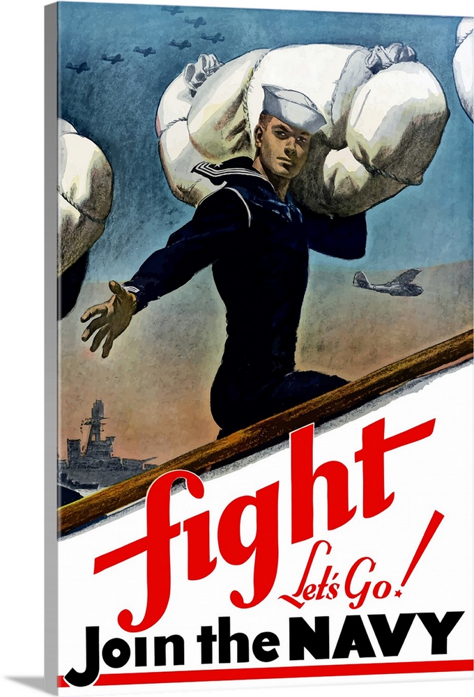 Digitally restored vector war propaganda poster. This vintage World War Two poster features a United States Sailor, Battle...