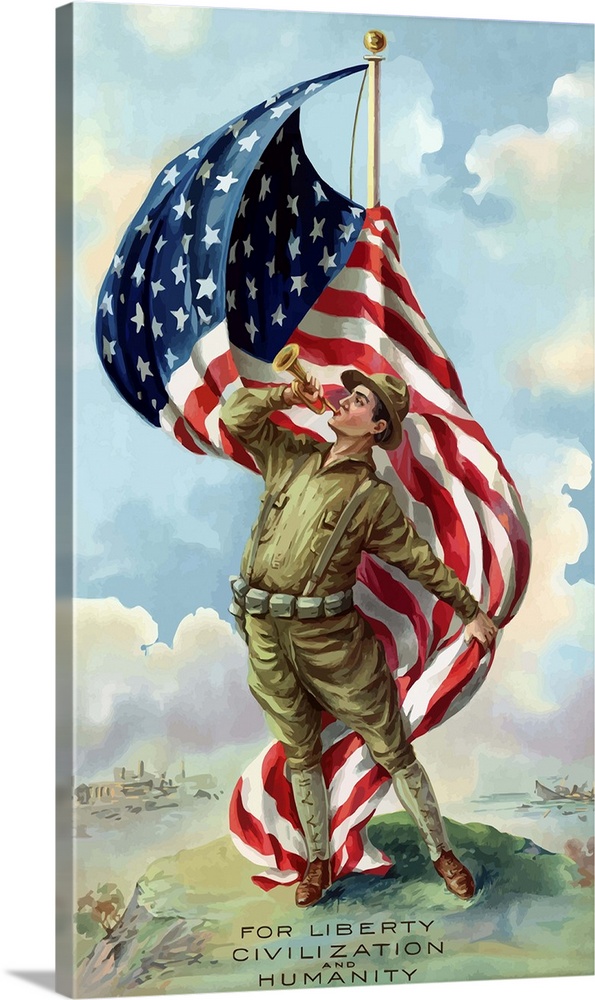 Digitally restored vector war propaganda poster. This vintage World War One poster features a U.S. soldier blowing a bugle...