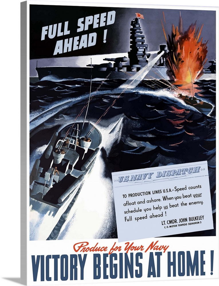 Digitally restored vector war propaganda poster. This vintage World War Two poster features American PT boats attacking a ...