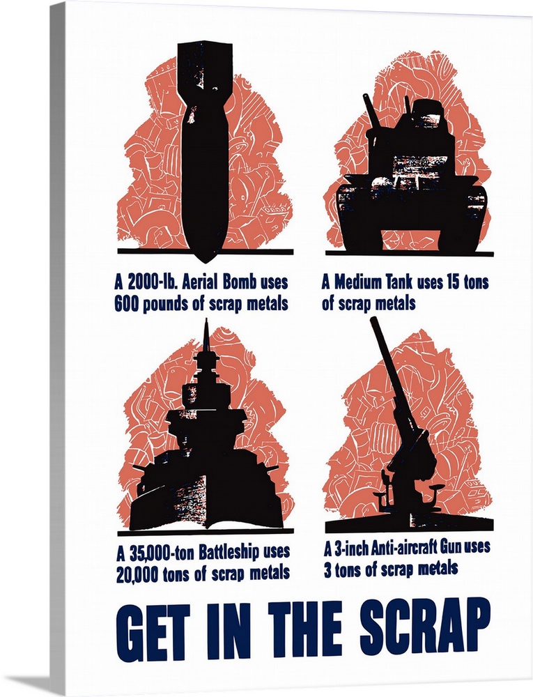 Digitally restored vector war propaganda poster. This vintage World War Two poster features a bomb, a tank, a battleship, ...