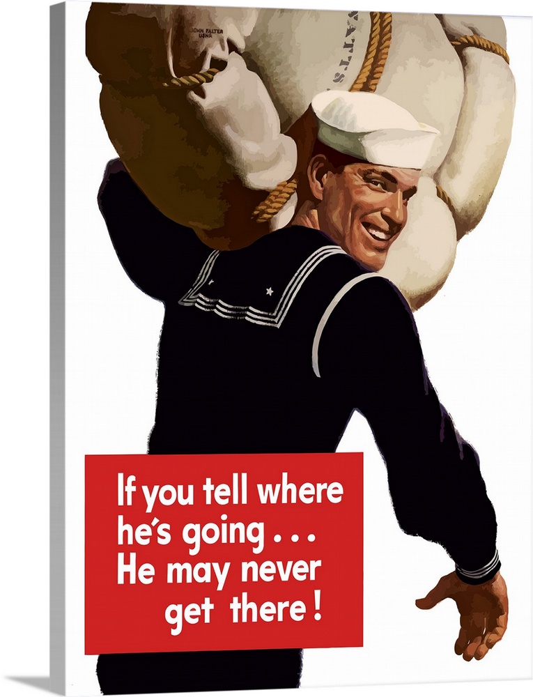 Digitally restored vector war propaganda poster. This vintage World War Two poster features an American sailor, his sea ba...