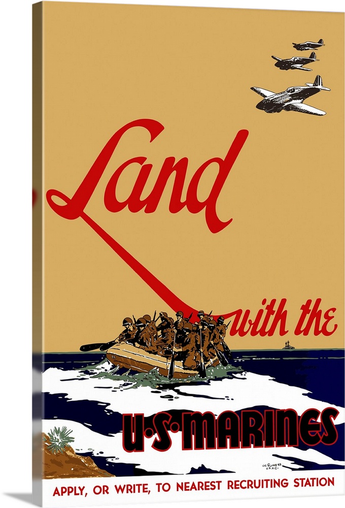 Digitally restored vector war propaganda poster. This vintage World War II poster features US Marines landing on a beach w...