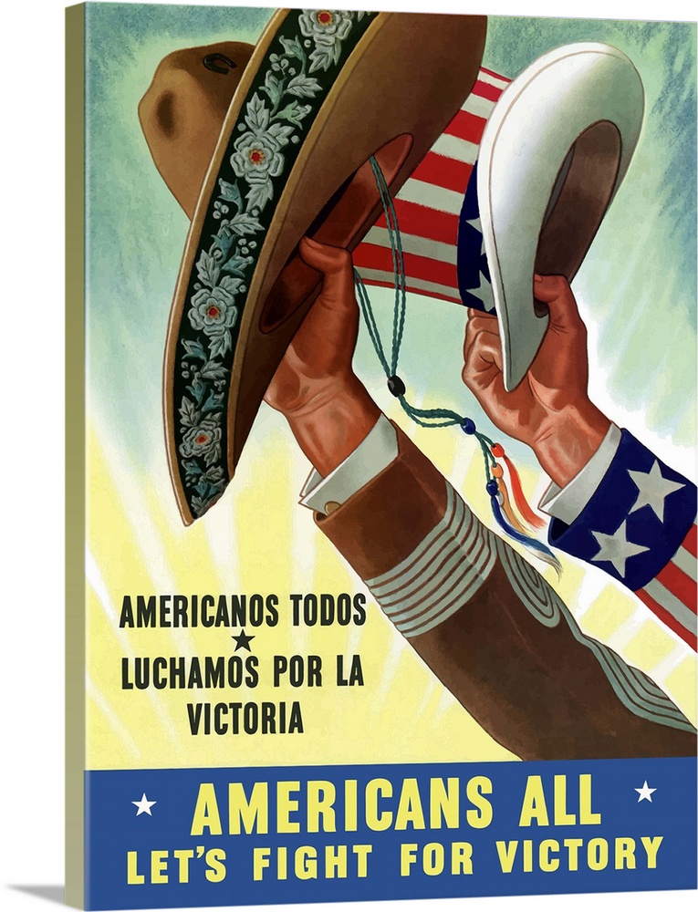Digitally restored vector war propaganda poster. This vintage World War Two poster features two hands holding hats, one a ...