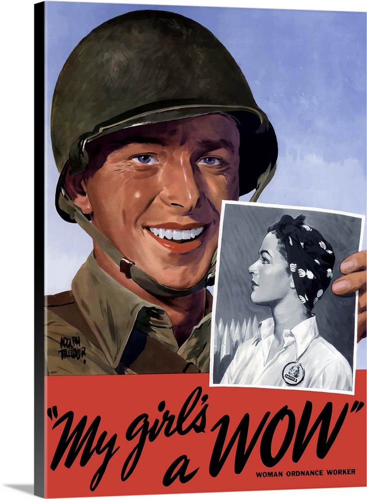 Digitally restored vector war propaganda poster. This vintage World War II poster features a smiling American soldier hold...