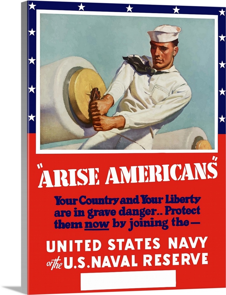 Digitally restored vector war propaganda poster. This vintage World War Two poster features a United States Sailor arming ...