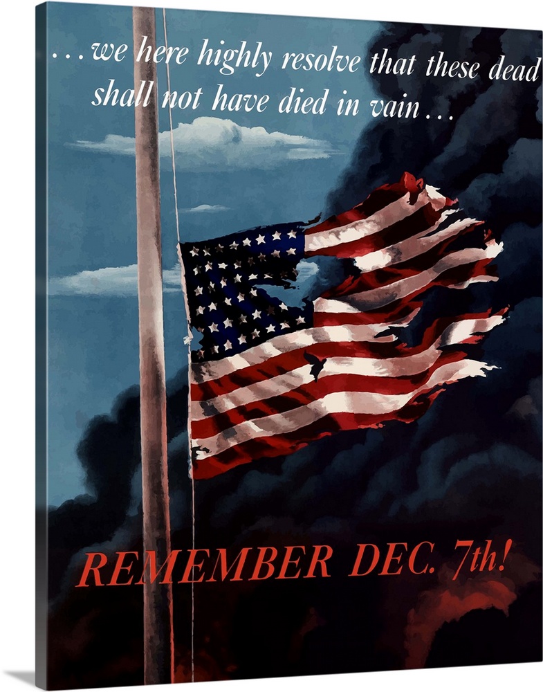 Digitally restored vector war propaganda poster. This vintage war poster features a tattered American Flag flying in front...