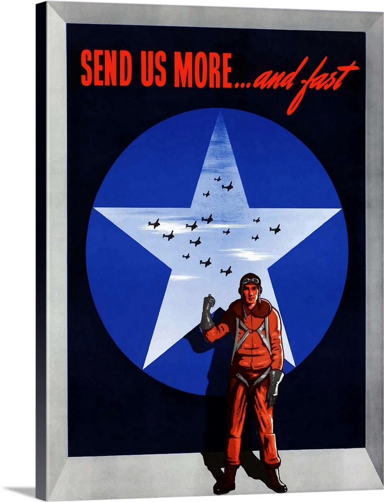 Digitally restored vector war propaganda poster. This vintage World War Two poster features an American airman standing in...