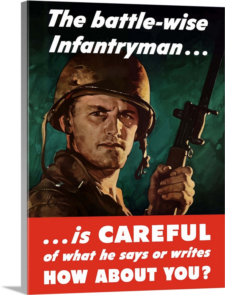 Digitally restored vector war propaganda poster. This vintage World War Two poster features a stern American G.I. holding ...