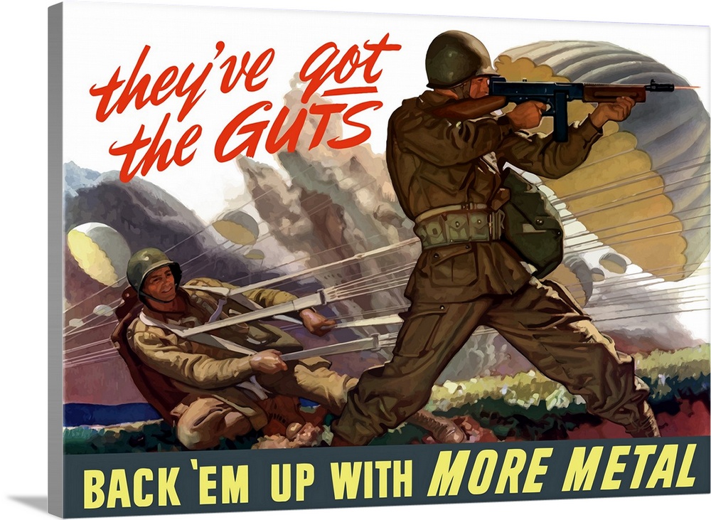 Large, horizontal vector war propaganda poster. This vintage World War II poster features airborne troops parachuting into...